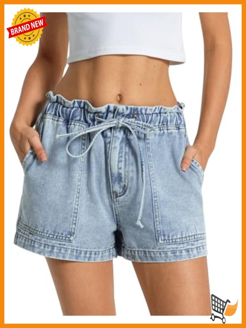 Denim Shorts High Rise Baggy Elastic Waist Drawstring Mid-Weight Non-Stretch
